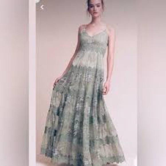 BHLDN Anthropologie Joni Maxi Dress 4 Light Green Embroidered Silk Lace Formal - Picture 1 of 13